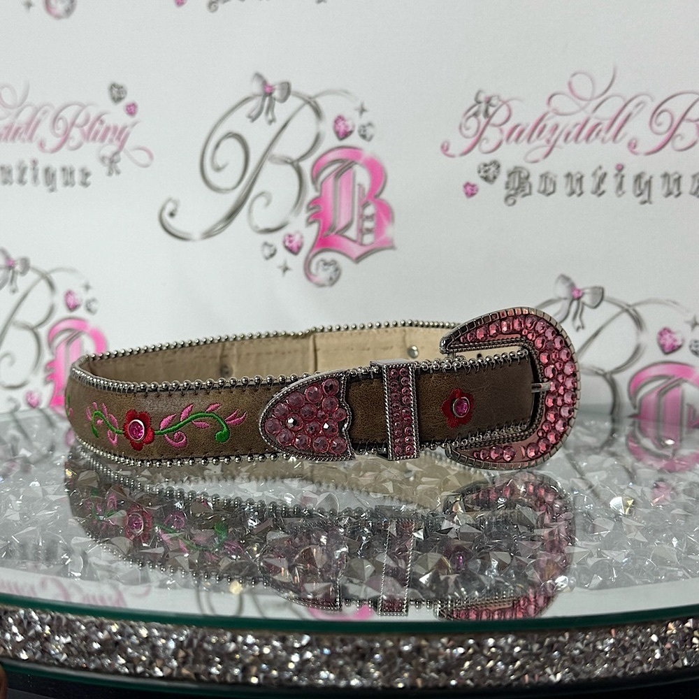 Belt rhinestone bling embroidered Brown and Pink Embellished Belt